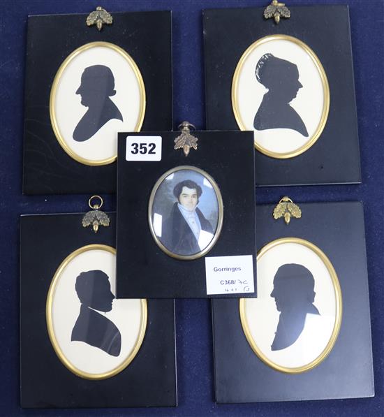 A set of four reproduction silhouettes and a portrait miniature